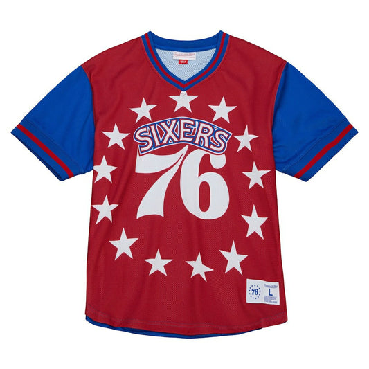 Philadelphia 76ers Jumbotron 3.0 Mesh V-Neck T-Shirt - Red | Mitchell & Ness online