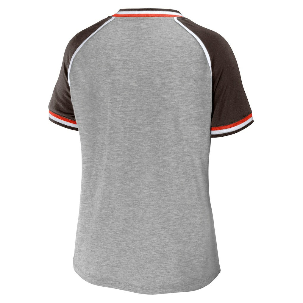 Cleveland Browns WEAR by Erin Andrews Women's Cropped Raglan Throwback V-Neck T-Shirt - Heather Gray for sale