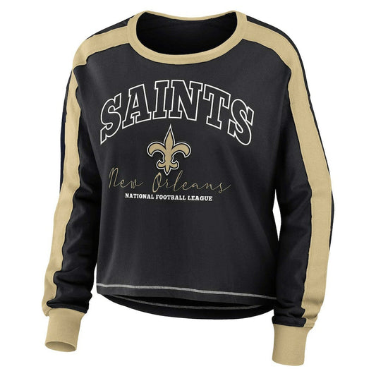 New Orleans Saints WEAR by Erin Andrews Women's Color Block Modest Crop Long Sleeve T-Shirt - Black/Gold cheap