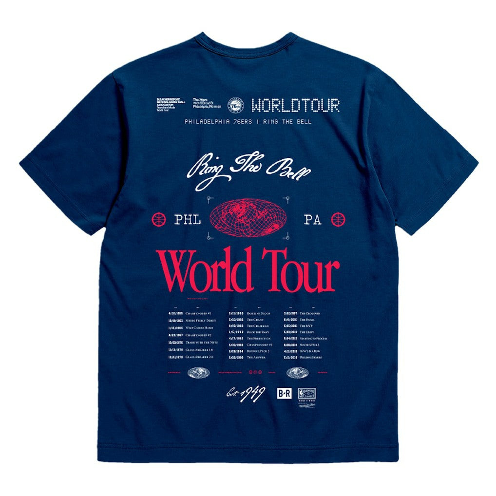 Philadelphia 76ers Bleacher Report x Unisex World Tour T-Shirt - Navy | Mitchell & Ness for sale