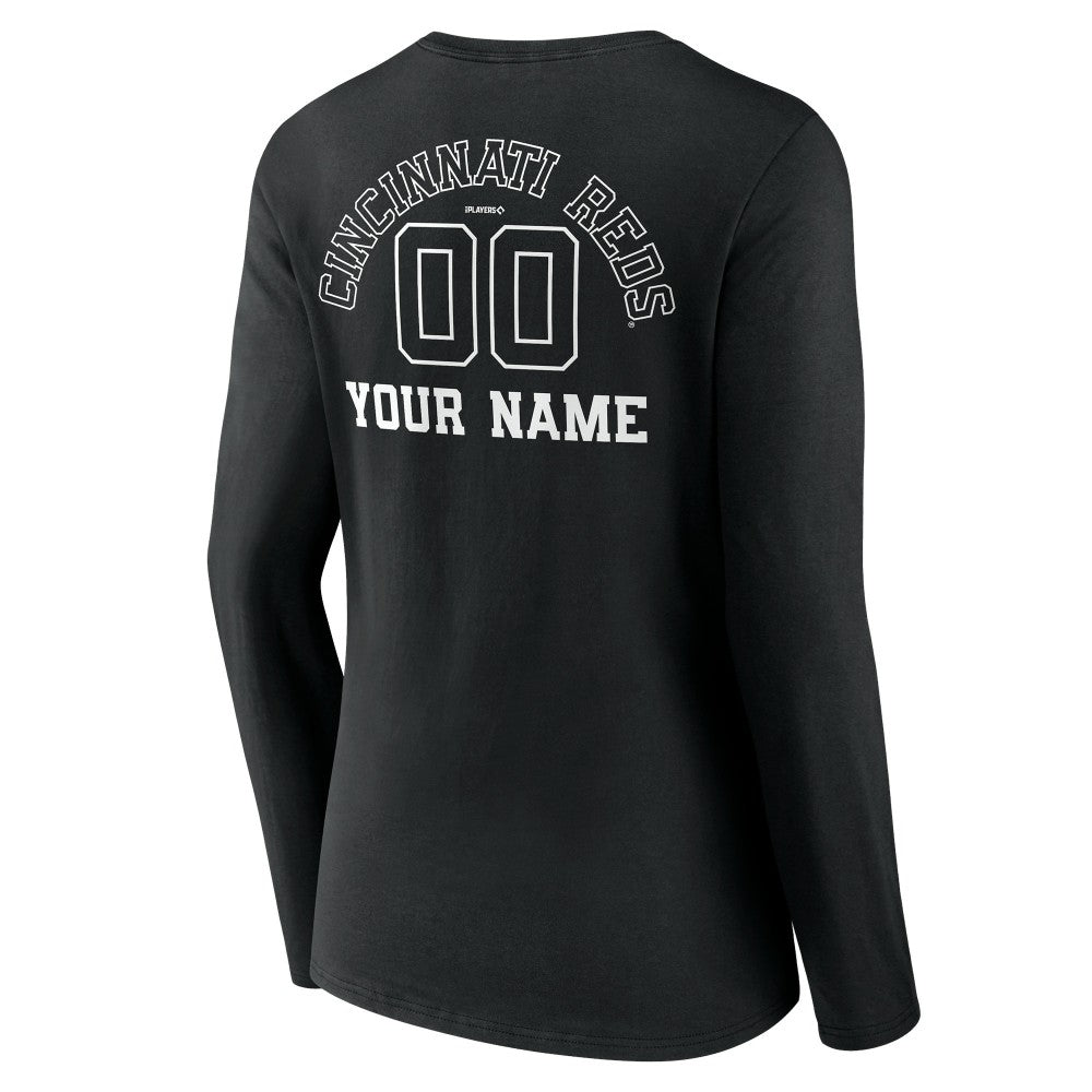 Cincinnati Reds Women's Monochrome Personalized Name & Number Long Sleeve V-Neck T-Shirt - Black