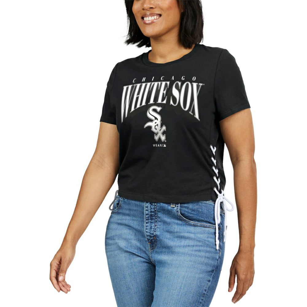 Chicago White Sox WEAR by Erin Andrews Women's Side Lace-Up Cropped T-Shirt - Black