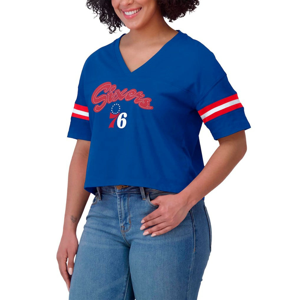 Philadelphia 76ers WEAR by Erin Andrews Women's Plus Size Color Block Boxy V-Neck T-Shirt - Royal outlet