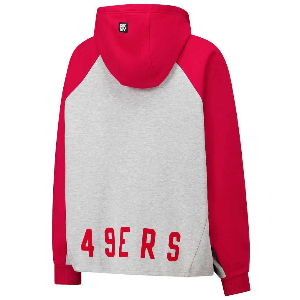 San Francisco 49ers DKNY Sport Women's Joy Cropped Raglan Pullover Hoodie - Gray/Scarlet cheap