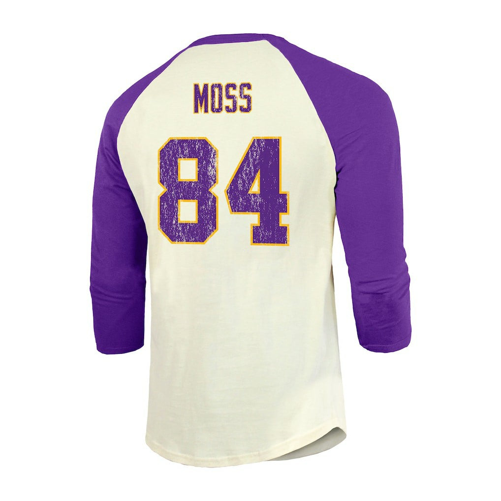 Randy Moss Minnesota Vikings Majestic Threads Retired Player Name & Number 3/4 Raglan Sleeve T-Shirt - Cream/Purple on sale