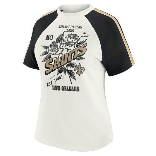New Orleans Saints WEAR by Erin Andrews Women's Sleeve Stripe Distressed Raglan T-Shirt - White cheap