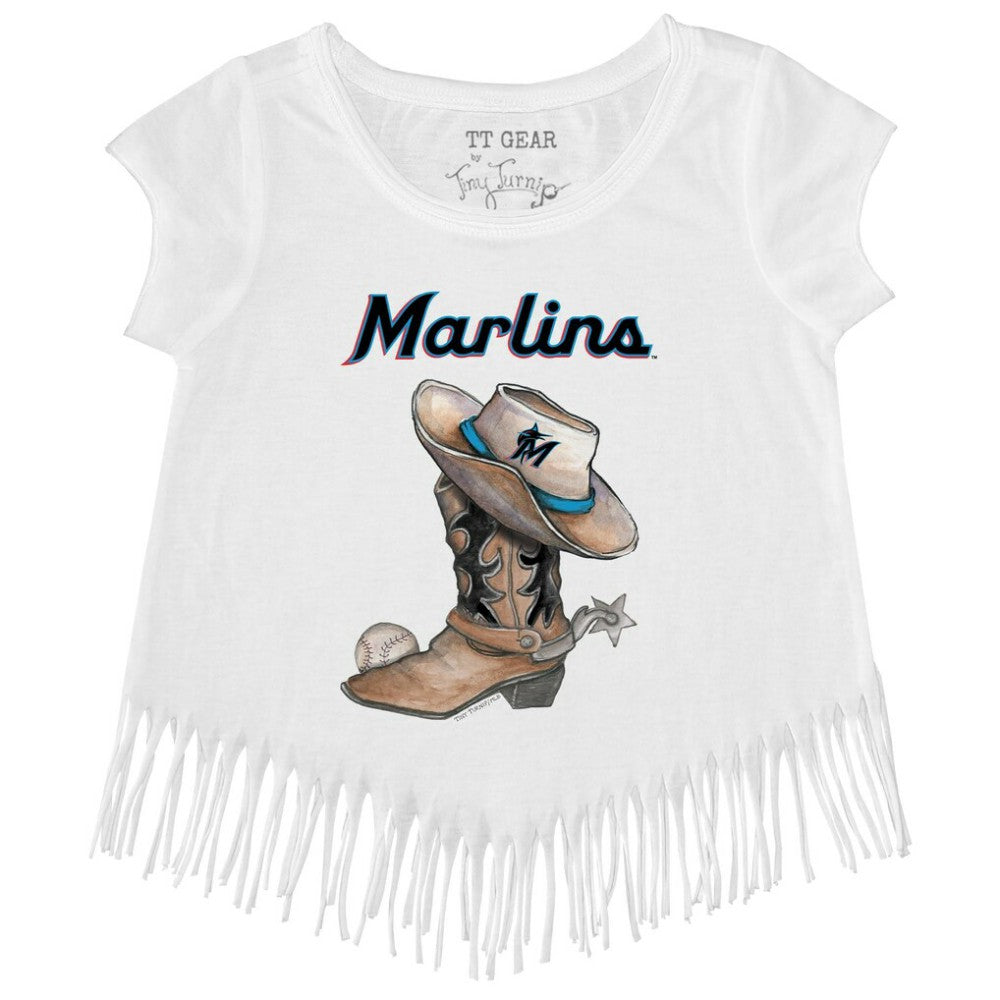 Miami Marlins Tiny Turnip Girls Youth Cowboy Boot Fringe T-Shirt - White