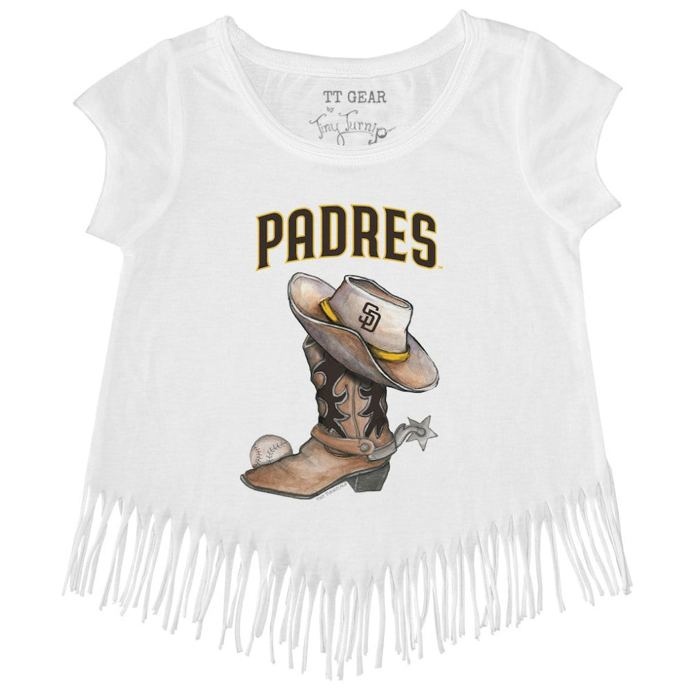 San Diego Padres Tiny Turnip Girls Youth Cowboy Boot Fringe T-Shirt - White