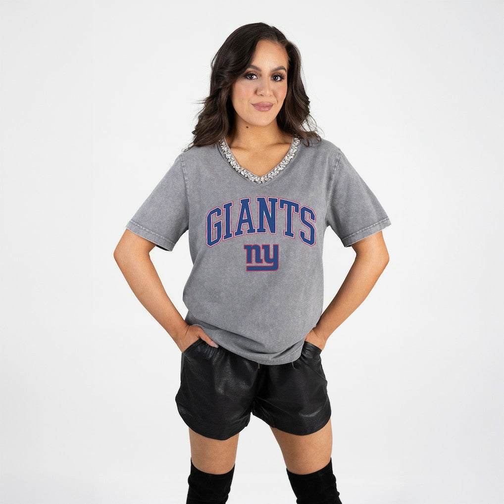 New York Giants Gameday Couture Women's Relaxed Iconic Edge Rhinestone V-Neck T-Shirt - Gray on sale