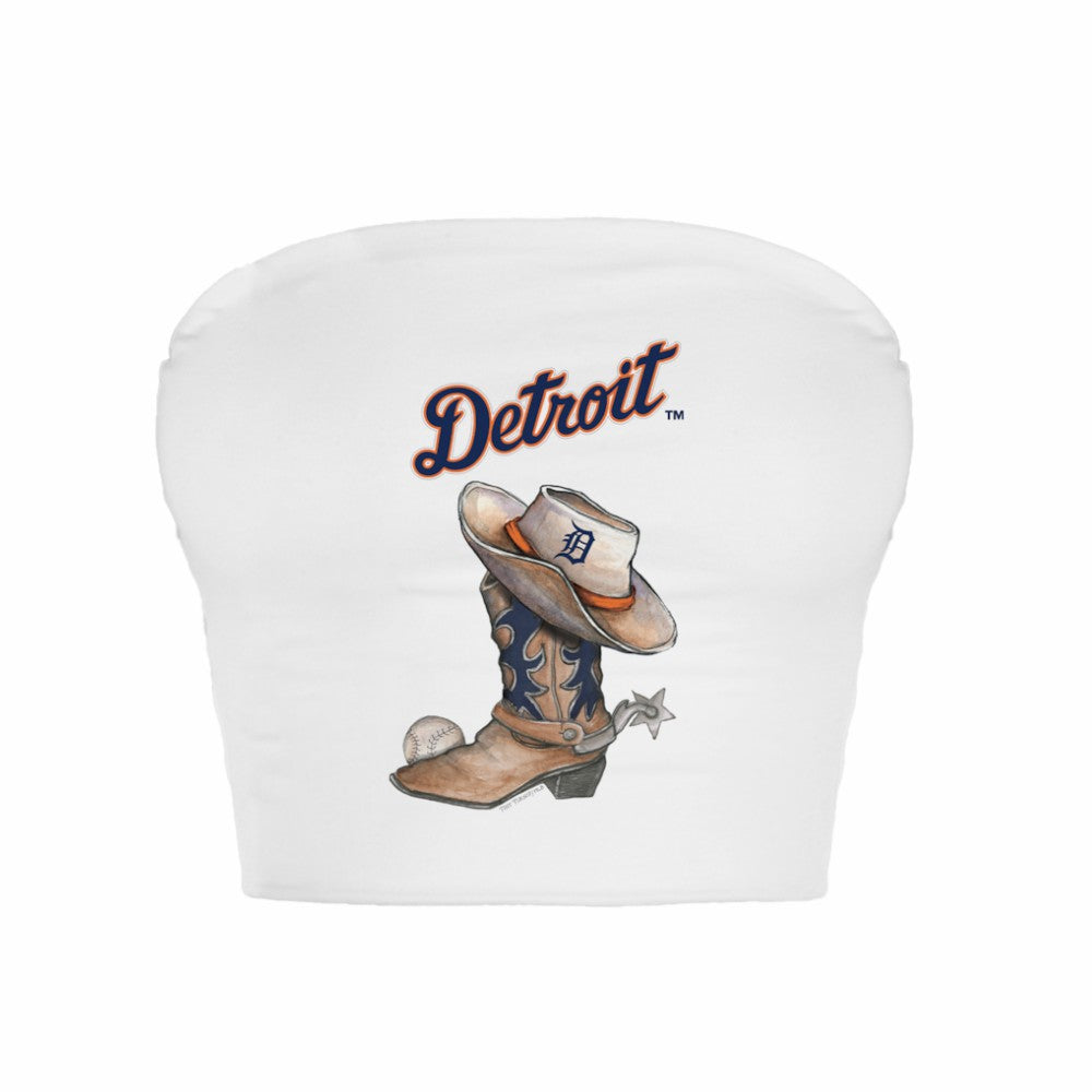 Detroit Tigers Tiny Turnip Women's Cowboy Boot Crop Tube Top - White