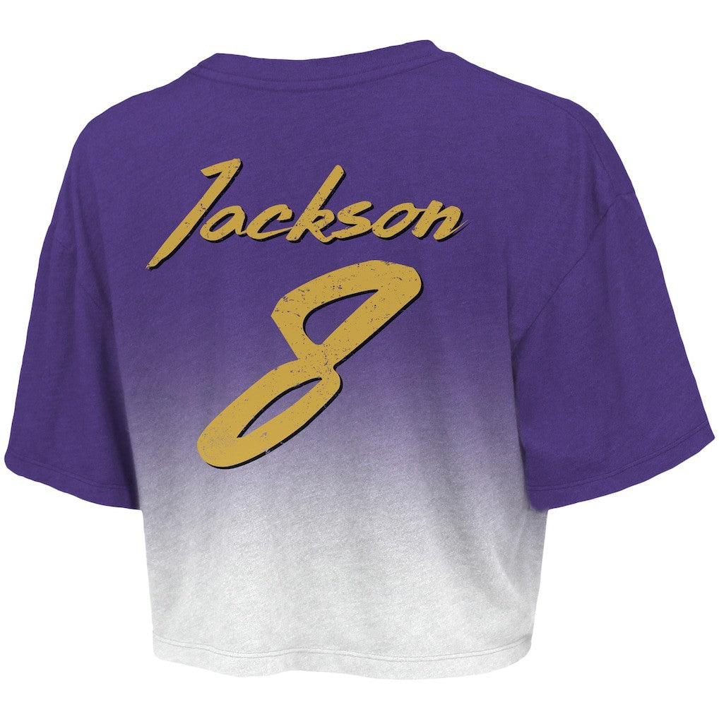 Lamar Jackson Baltimore Ravens Majestic Threads Women's Dip-Dye Player Name & Number Crop Top - Purple/White on sale