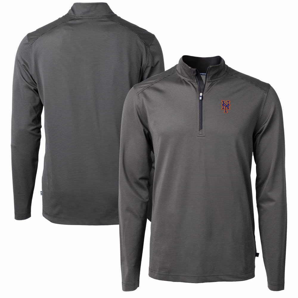 New York Mets Cutter & Buck Virtue Eco Pique Micro Stripe Recycled Quarter-Zip Pullover Top - Black/Gray