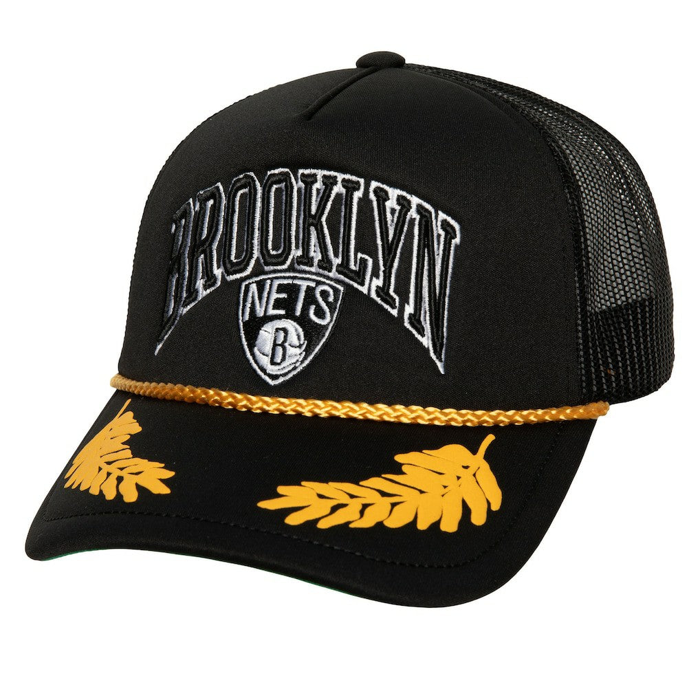 Brooklyn Nets Hardwood Classics Gold Leaf Mesh Trucker Snapback Hat - Black | Mitchell & Ness on sale