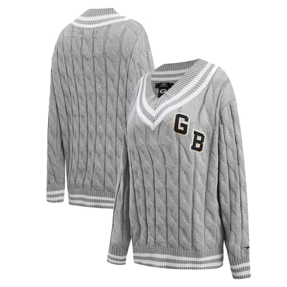 Green Bay Packers Pro Standard Women's Prep V-Neck Pullover Sweater - Heather Gray discount