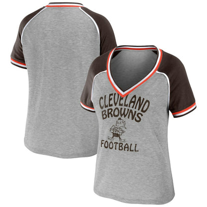 Cleveland Browns WEAR by Erin Andrews Women's Cropped Raglan Throwback V-Neck T-Shirt - Heather Gray for sale