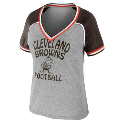 Cleveland Browns WEAR by Erin Andrews Women's Cropped Raglan Throwback V-Neck T-Shirt - Heather Gray for sale