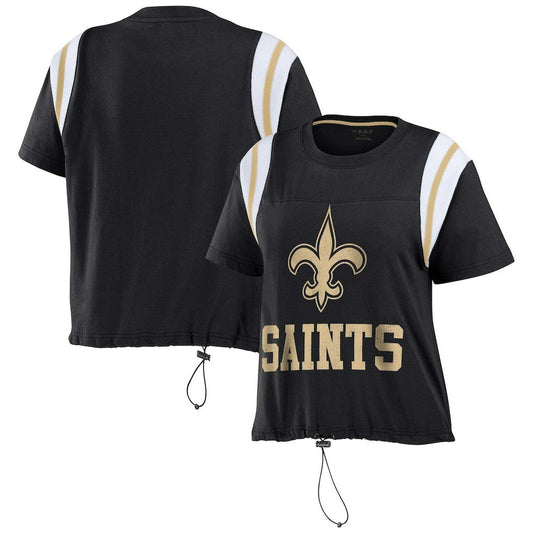 New Orleans Saints WEAR by Erin Andrews Women's Cinched Colorblock T-Shirt - Black for sale