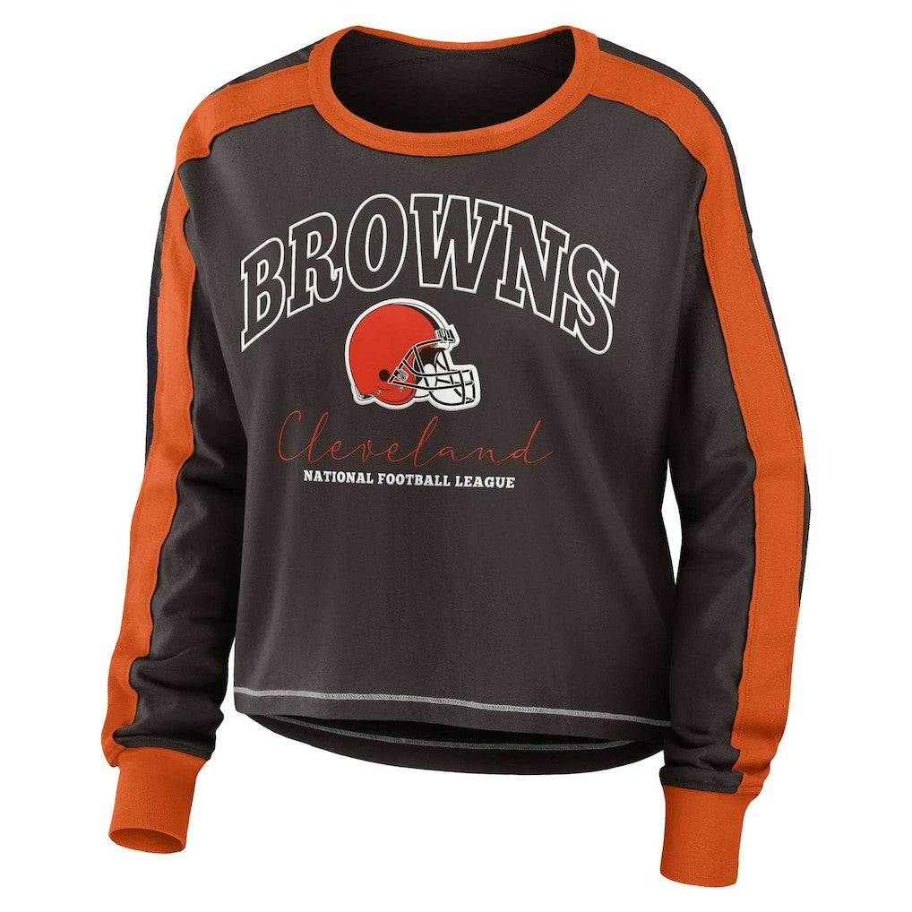 Cleveland Browns WEAR by Erin Andrews Women's Color Block Modest Crop Long Sleeve T-Shirt - Brown/Orange on sale