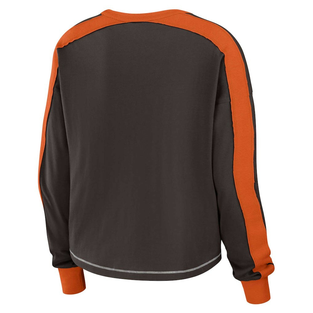 Cleveland Browns WEAR by Erin Andrews Women's Color Block Modest Crop Long Sleeve T-Shirt - Brown/Orange on sale