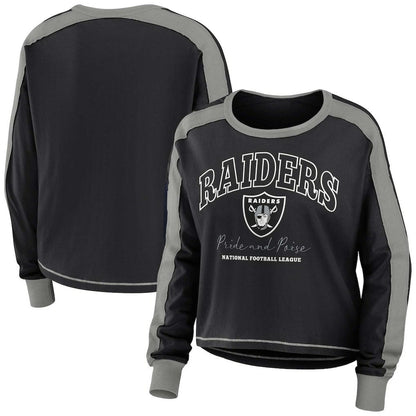 Las Vegas Raiders WEAR by Erin Andrews Women's Color Block Modest Crop Long Sleeve T-Shirt - Black/Silver outlet