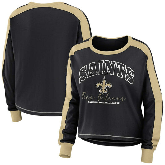 New Orleans Saints WEAR by Erin Andrews Women's Color Block Modest Crop Long Sleeve T-Shirt - Black/Gold cheap