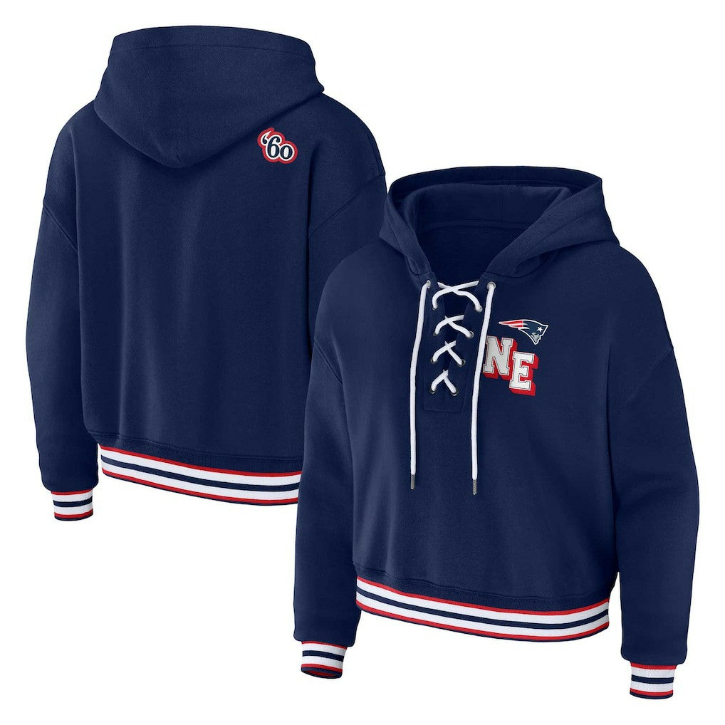 New England Patriots WEAR by Erin Andrews Women's Plus Size Lace-Up Pullover Hoodie - Navy online