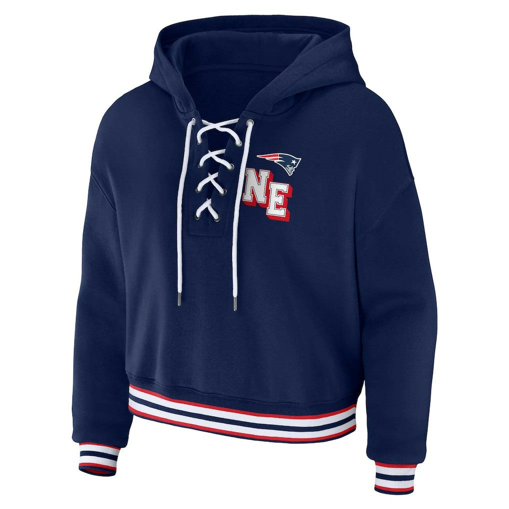 New England Patriots WEAR by Erin Andrews Women's Plus Size Lace-Up Pullover Hoodie - Navy online