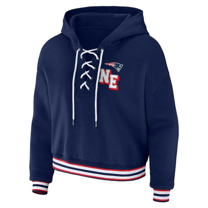 New England Patriots WEAR by Erin Andrews Women's Plus Size Lace-Up Pullover Hoodie - Navy online