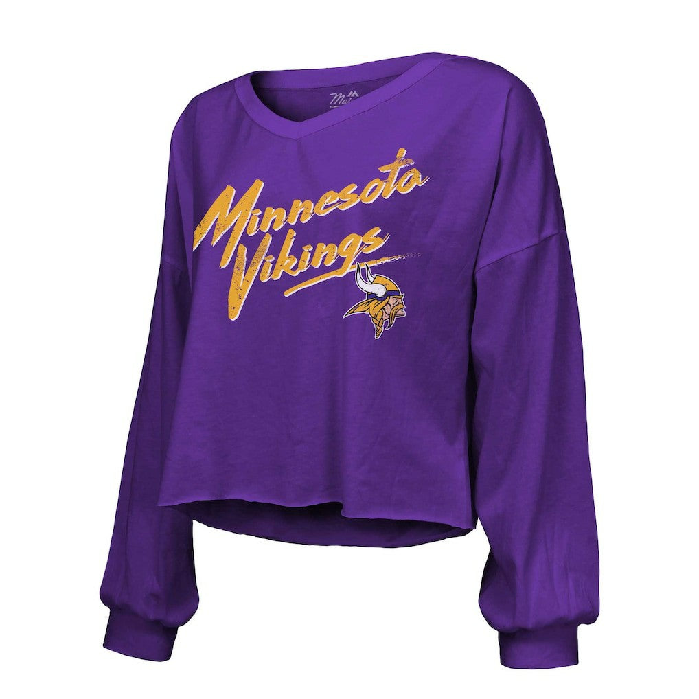 Justin Jefferson Minnesota Vikings Majestic Threads Women's Name & Number Off-Shoulder Script Cropped Long Sleeve V-Neck T-Shirt - Purple on sale