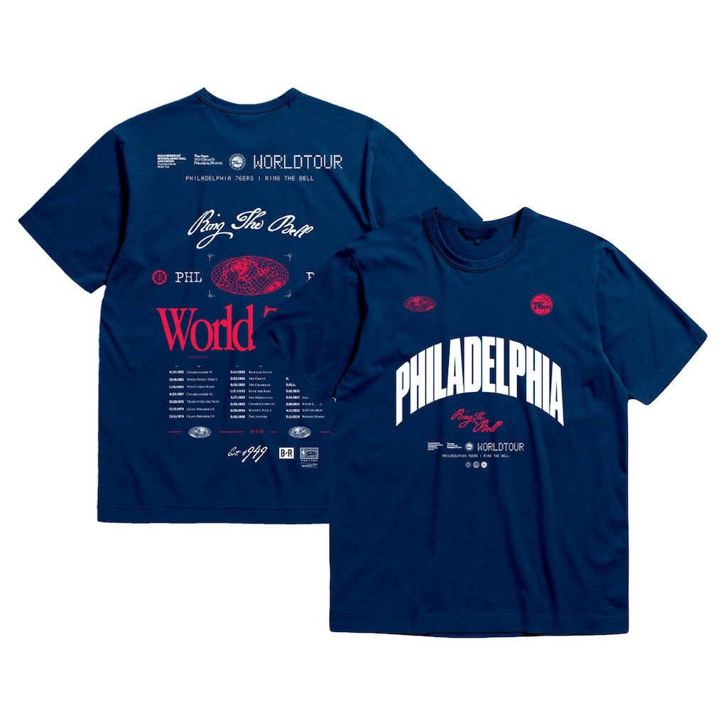 Philadelphia 76ers Bleacher Report x  Unisex World Tour T-Shirt - Navy | Mitchell & Ness for sale
