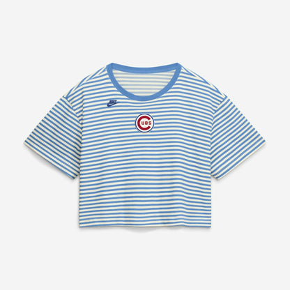 Chicago Cubs Women's Cooperstown Collection Striped Cropped T-Shirt - Light Blue/Cream | Nike