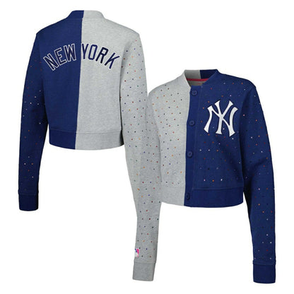 New York Yankees Terez Women's Cropped Button-Up Cardigan - Gray/Navy