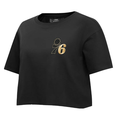 Philadelphia 76ers Pro Standard Women's Holiday Glam Boxy T-Shirt - Black cheap