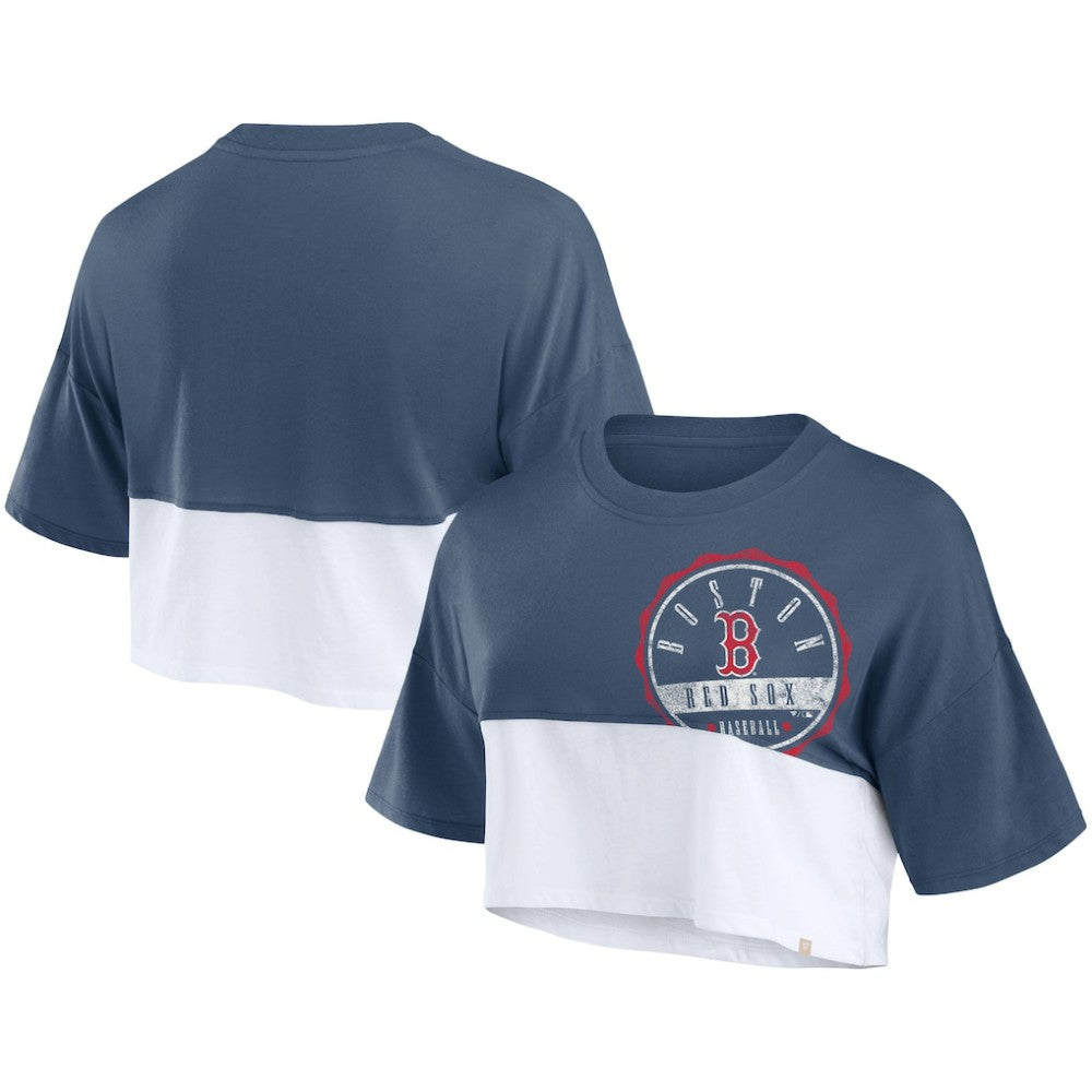 Boston Red Sox Women's Color Split Boxy Cropped T-Shirt - Navy/White