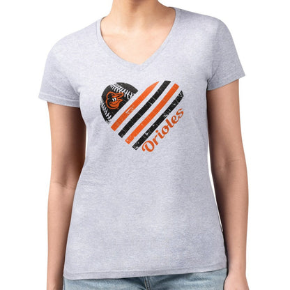 Baltimore Orioles G-III 4Her by Carl Banks Women's Super-Slim Fit Lightweight Heart V-Neck T-Shirt - Heather Gray