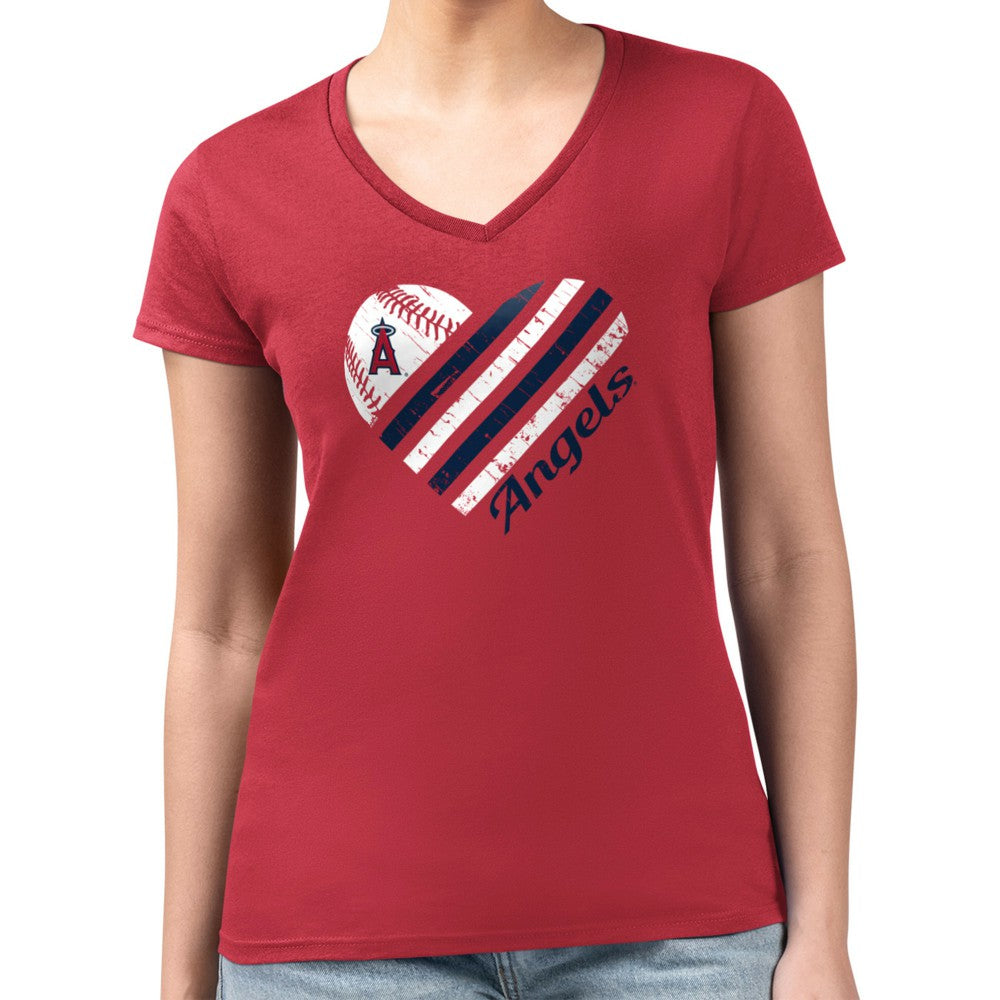 Los Angeles Angels G-III 4Her by Carl Banks Women's Super-Slim Fit Lightweight Heart V-Neck T-Shirt - Red