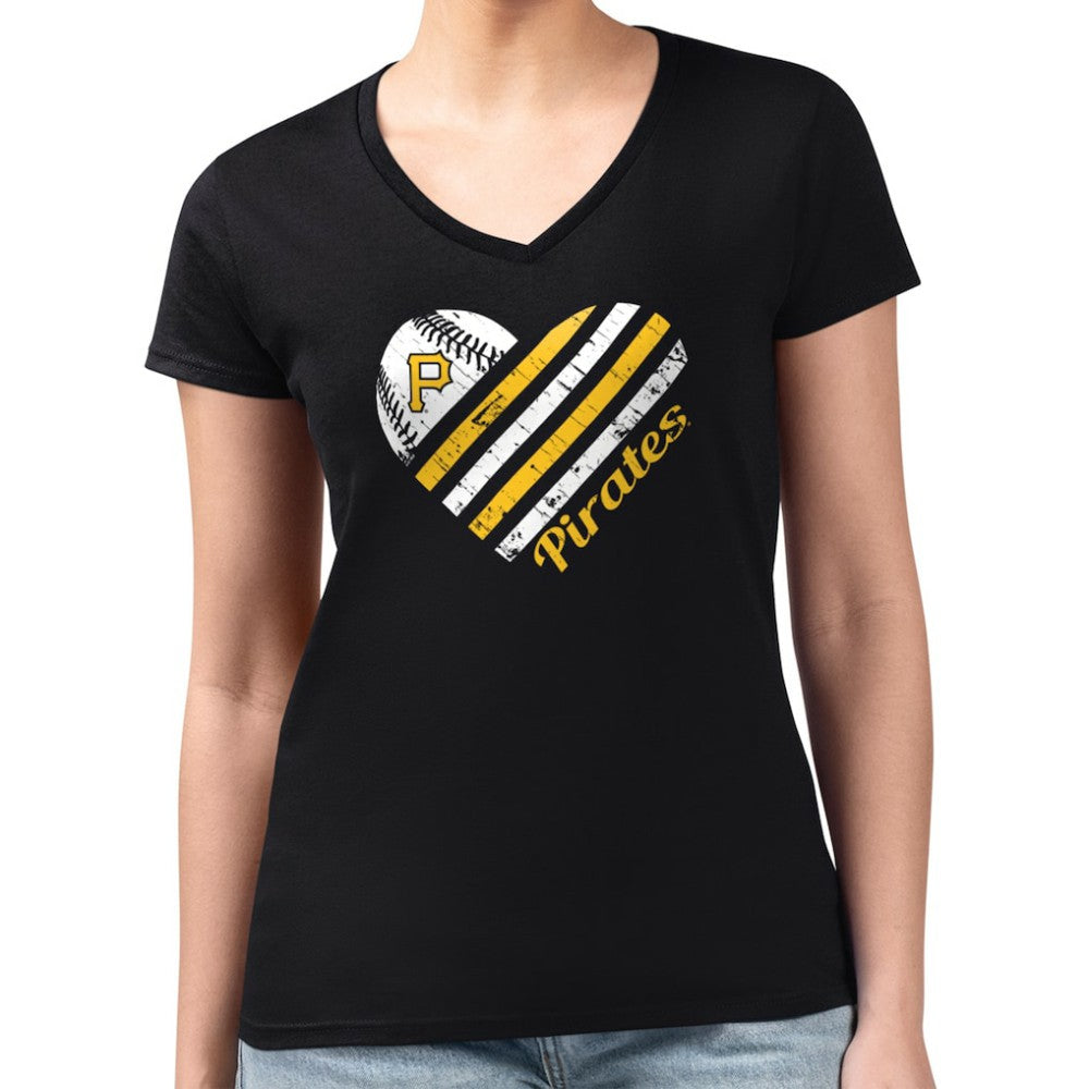Pittsburgh Pirates G-III 4Her by Carl Banks Women's Super-Slim Fit Lightweight Heart V-Neck T-Shirt - Black