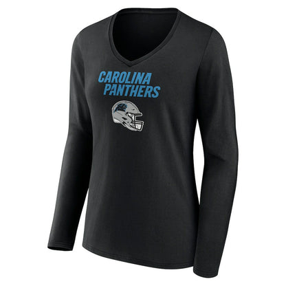 Carolina Panthers Women's Personalized Name & Number Team Wordmark Long Sleeve V-Neck T-Shirt - Black cheap