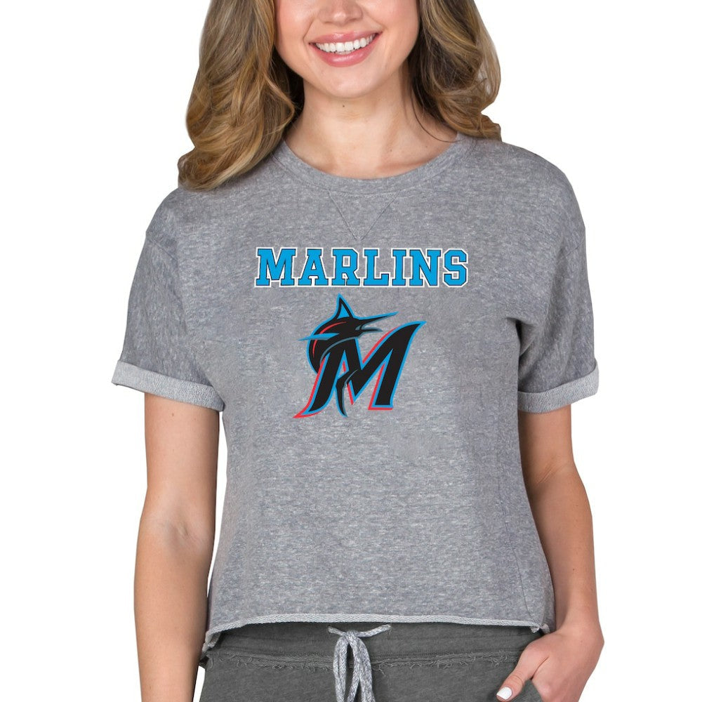 Miami Marlins Concepts Sport Women's Tri-Blend Mainstream Terry Short Sleeve Sweatshirt Top - Gray
