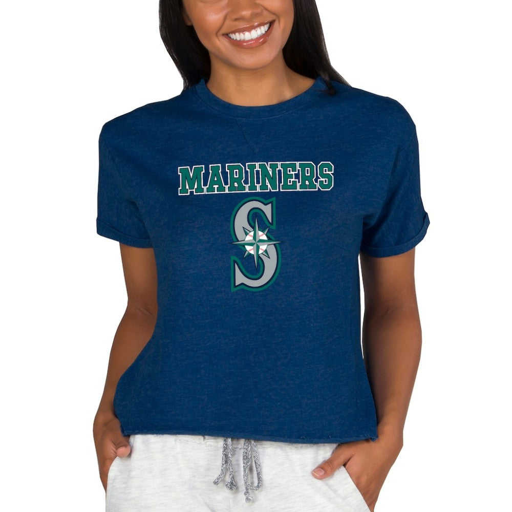 Seattle Mariners Concepts Sport Women's Tri-Blend Mainstream Terry Short Sleeve Sweatshirt Top - Navy