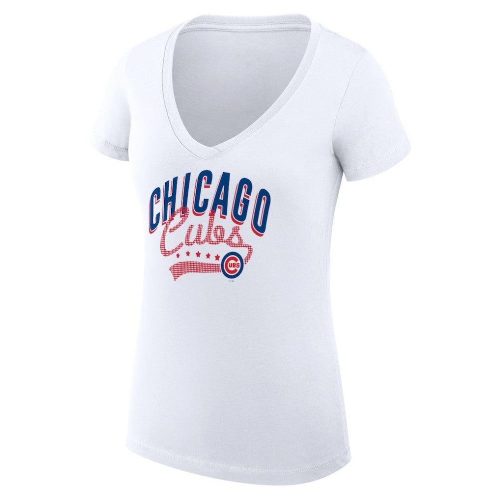 Chicago Cubs G-III 4Her by Carl Banks Women's Super-Slim Fit Lightweight Filigree Team V-Neck T-Shirt - White