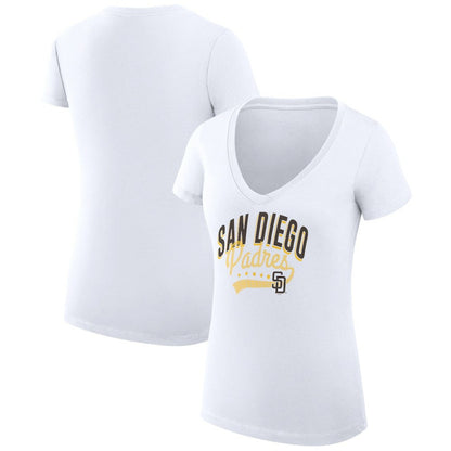 San Diego Padres G-III 4Her by Carl Banks Women's Super-Slim Fit Lightweight Filigree Team V-Neck T-Shirt - White