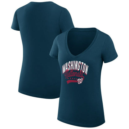 Washington Nationals G-III 4Her by Carl Banks Women's Super-Slim Fit Lightweight Filigree Team V-Neck T-Shirt - Navy