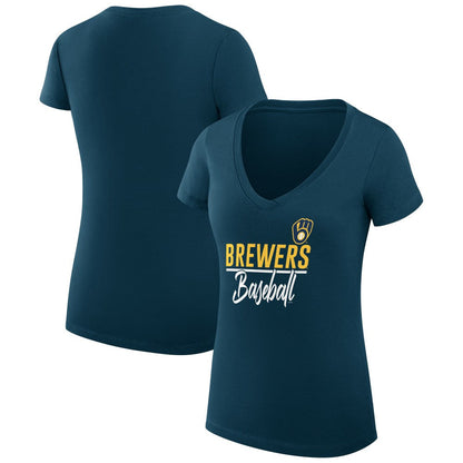 Milwaukee Brewers G-III 4Her by Carl Banks Women's Super-Slim Fit Lightweight Team Graphic V-Neck T-Shirt - Navy