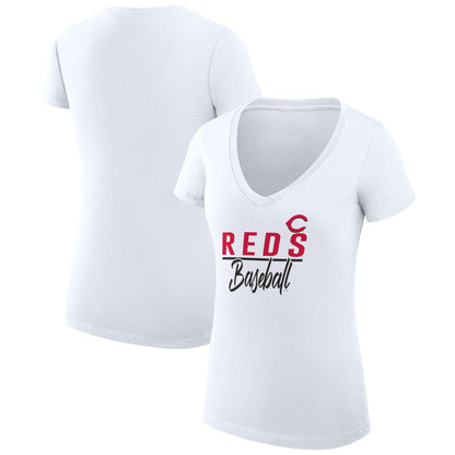 Cincinnati Reds G-III 4Her by Carl Banks Women's Super-Slim Fit Lightweight Team Graphic V-Neck T-Shirt - White