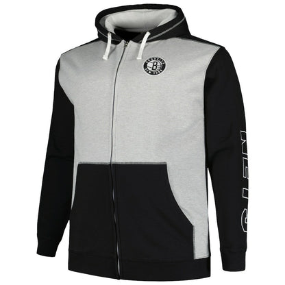 Brooklyn Nets Big & Tall Contrast Pieced Stitched Full-Zip Hoodie - Black/Heather Gray | Fanatics online