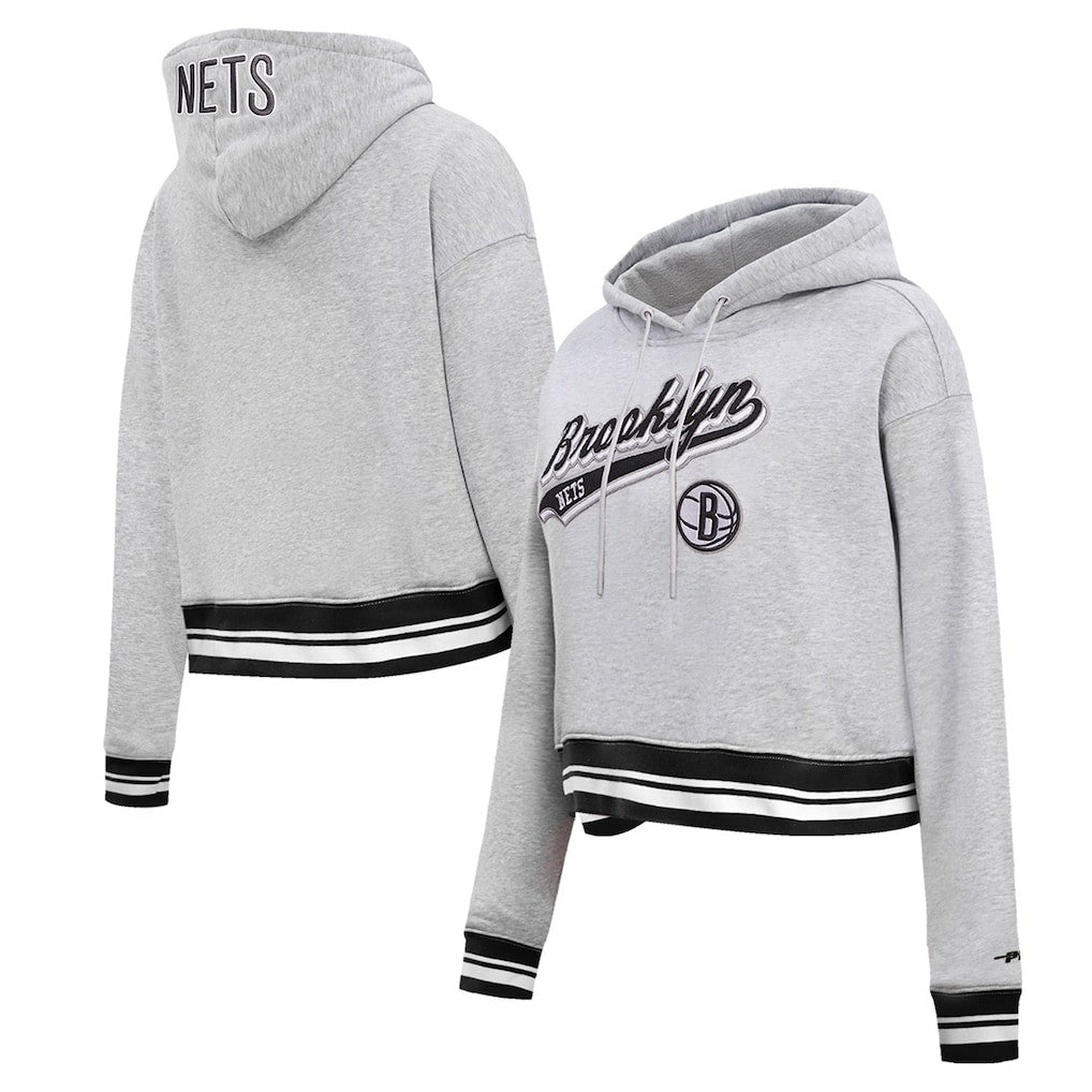 Brooklyn Nets Pro Standard Women's Script Tail Cropped Pullover Hoodie - Heather Gray shop