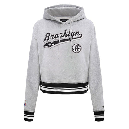 Brooklyn Nets Pro Standard Women's Script Tail Cropped Pullover Hoodie - Heather Gray shop