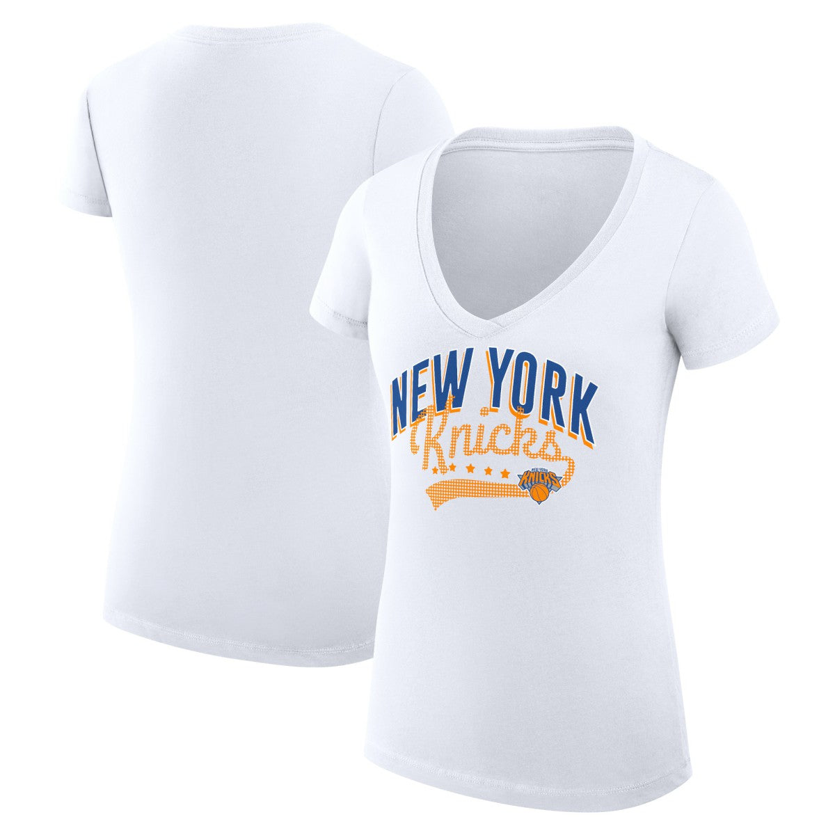 New York Knicks G-III 4Her by Carl Banks Women's Super-Slim Fit Lightweight Filigree Logo V-Neck T-Shirt - White sale