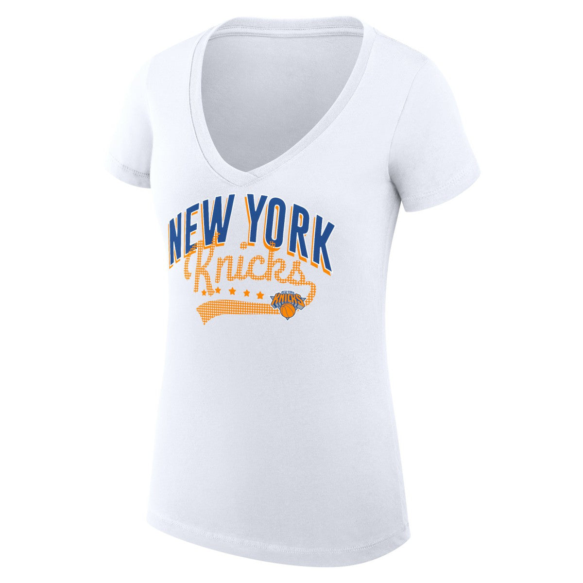 New York Knicks G-III 4Her by Carl Banks Women's Super-Slim Fit Lightweight Filigree Logo V-Neck T-Shirt - White sale